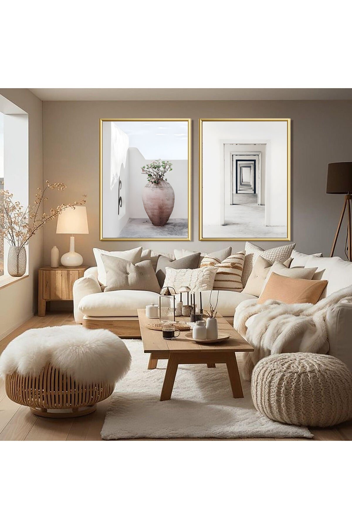 İkili Gold Metal Çerçeveli Krem Moda Poster Cam Tablo Seti