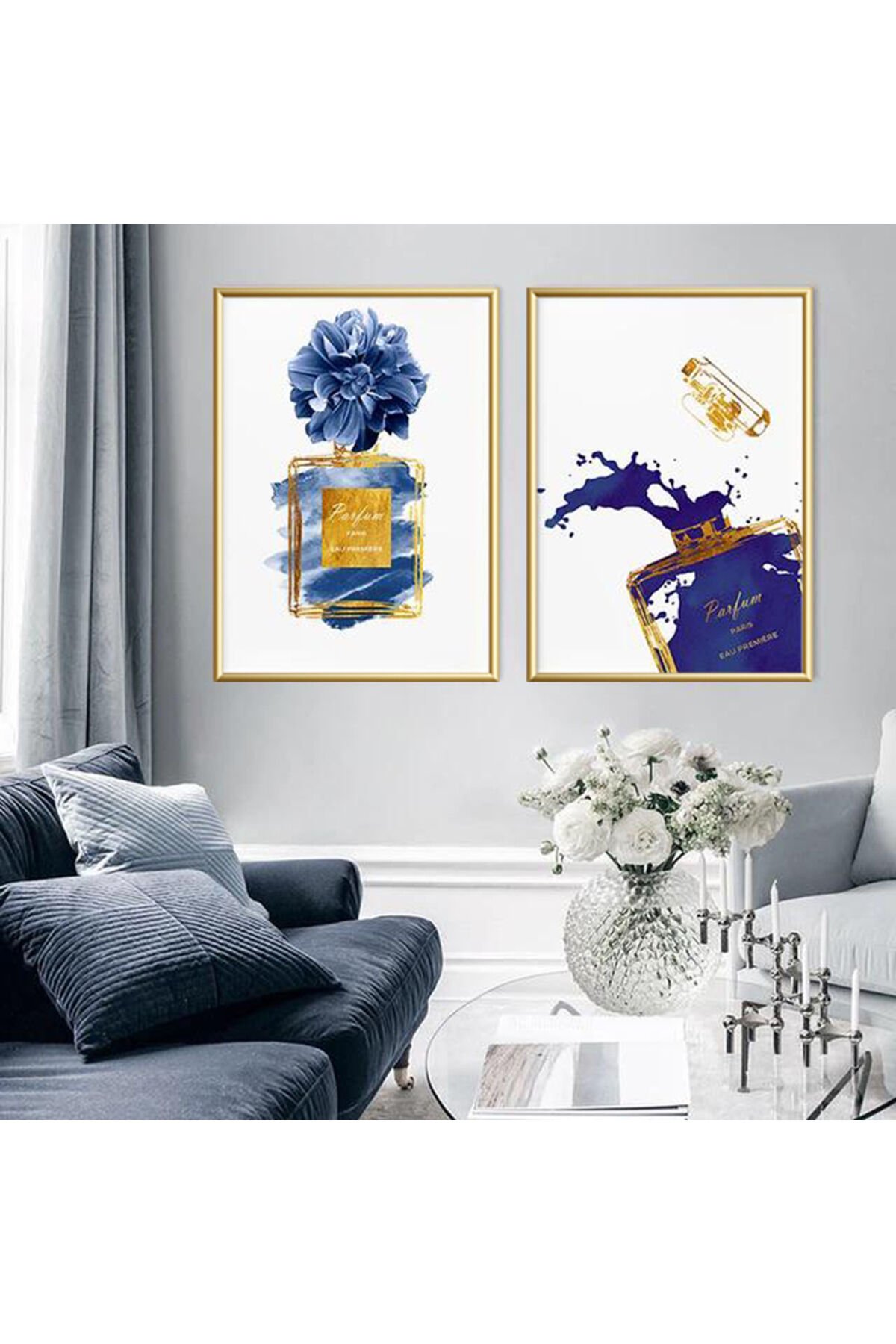 İkili Gold Metal Çerçeveli Parfüm Moda Cam Tablo Seti