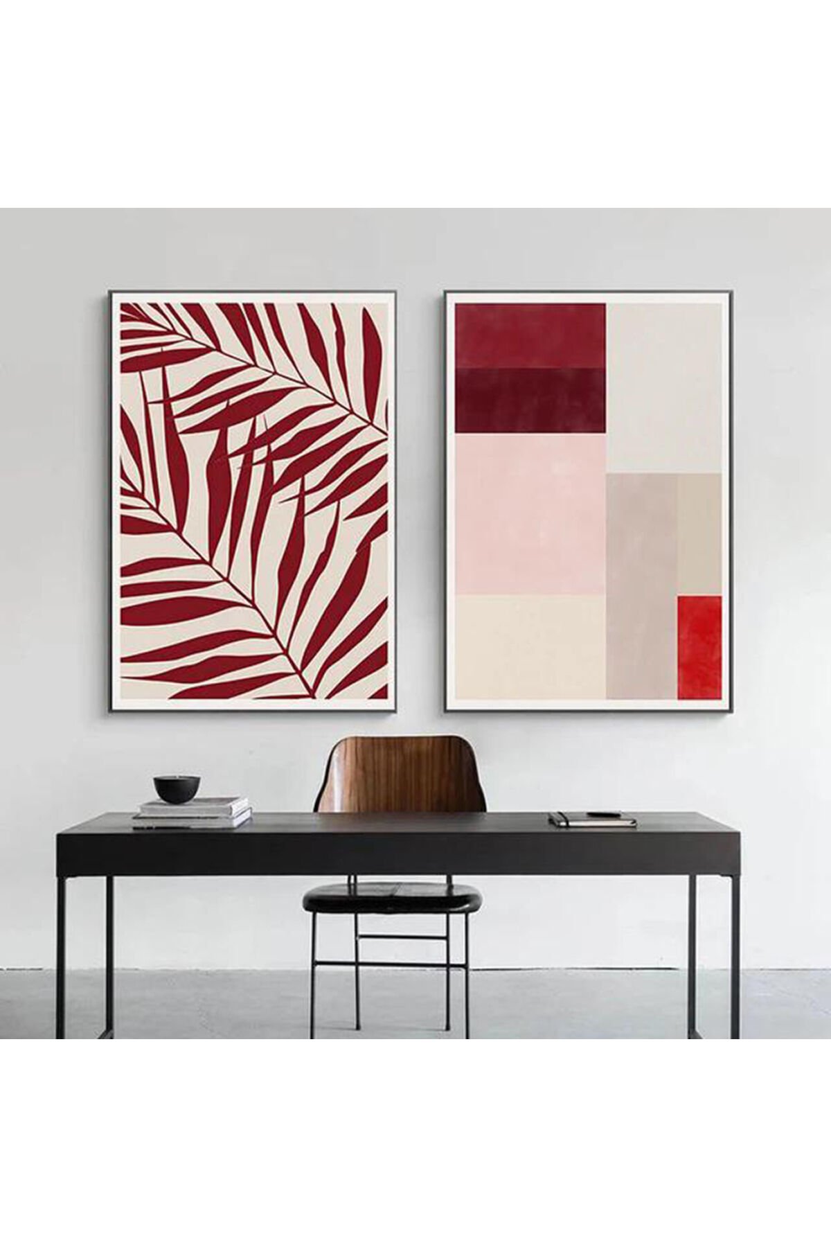 İkili Siyah Metal Çerçeveli Bordo Yaprak Cam Tablo Seti