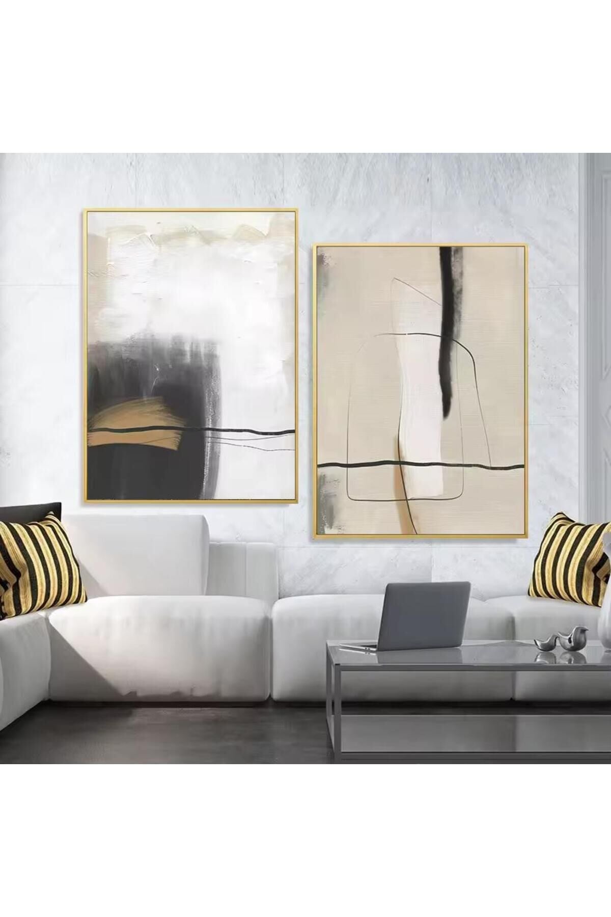 İkili Gold Metal Çerçeveli Soyut Moda Cam Tablo Seti