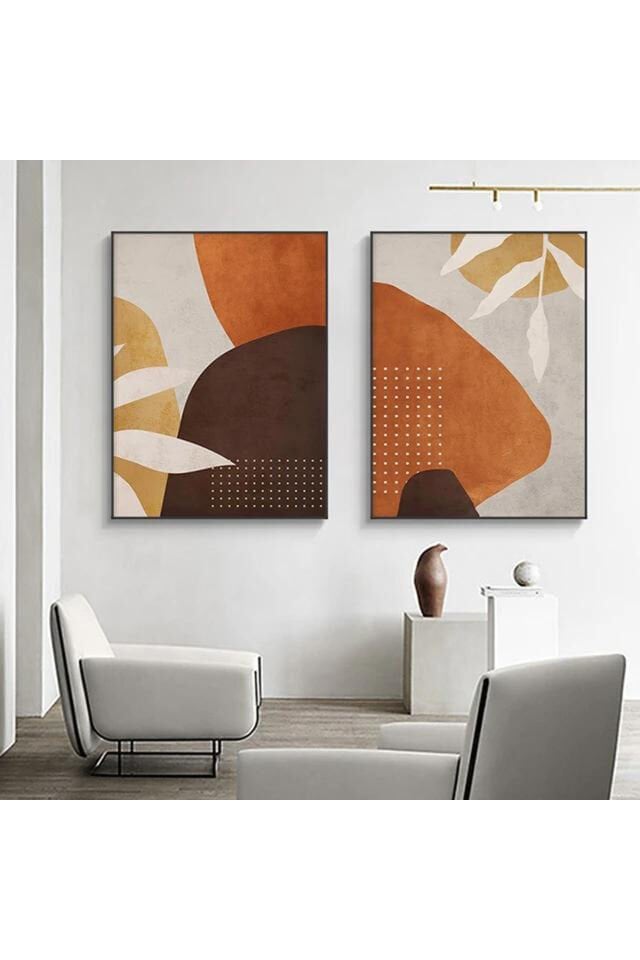 İkili Siyah Metal Çerçeveli Kahve Soyut Cam Tablo Seti