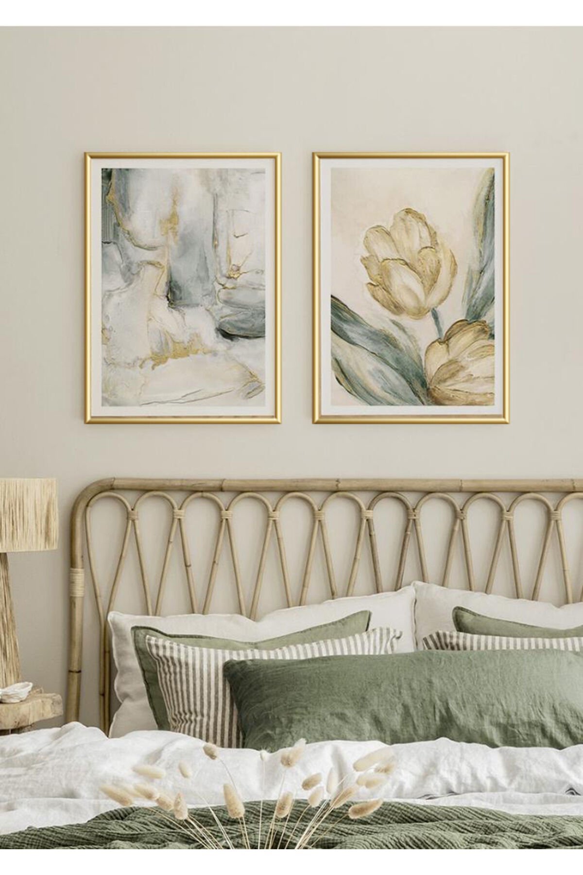 İkili Gold Metal Çerçeveli Sarı Boya Çiçek Cam Tablo Seti