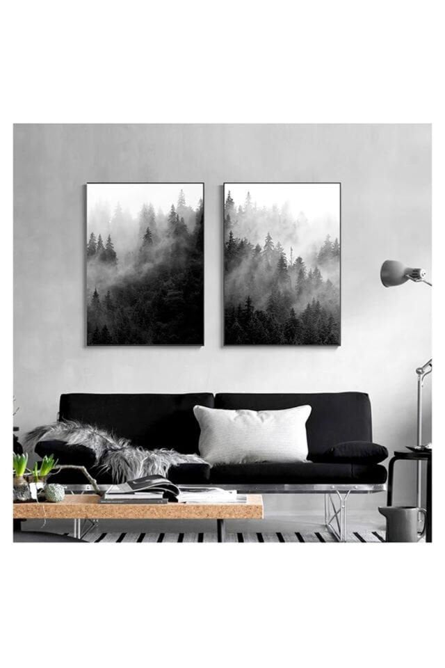İkili Siyah Metal Çerçeveli Siyah Ağaç Cam Tablo Seti