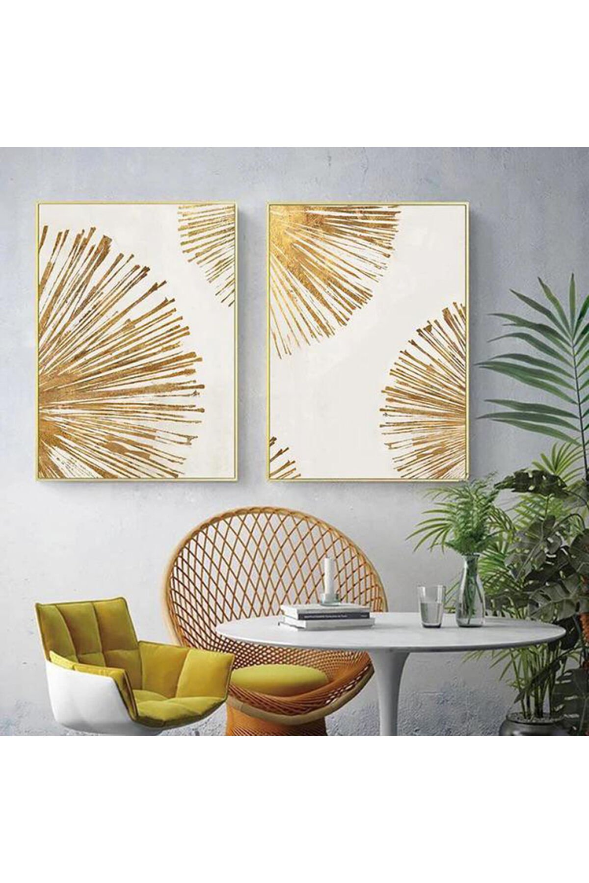 İkili Gold Metal Çerçeveli Dairesel Çizgi Modern Cam Tablo Seti