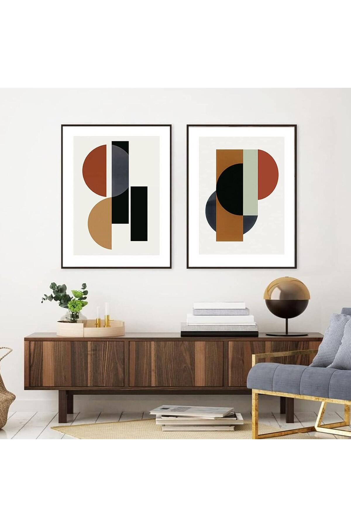 İkili Siyah Metal Çerçeveli Geometik Soyut Cam Tablo Seti