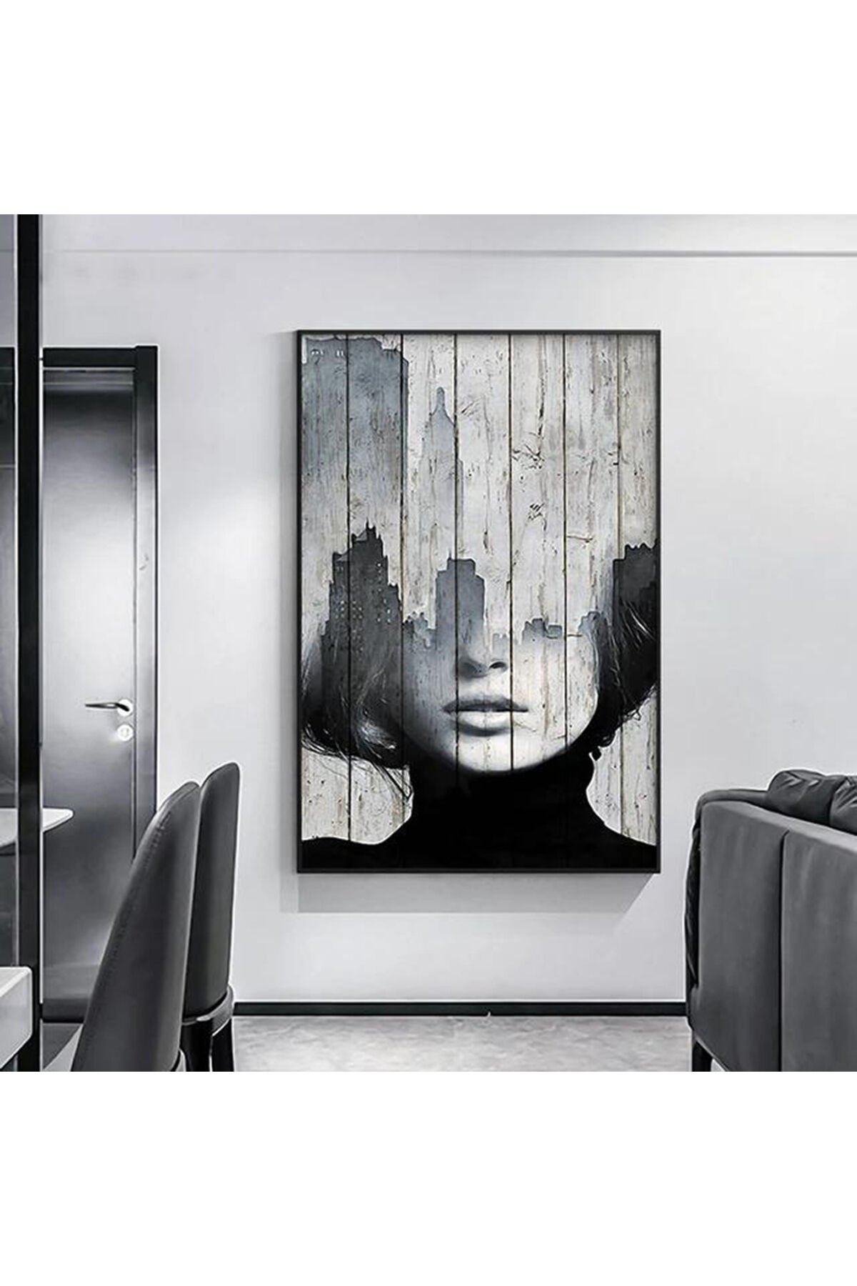 Tekli Siyah Metal Çerçeveli Siyah Kadın Cam Tablo Seti