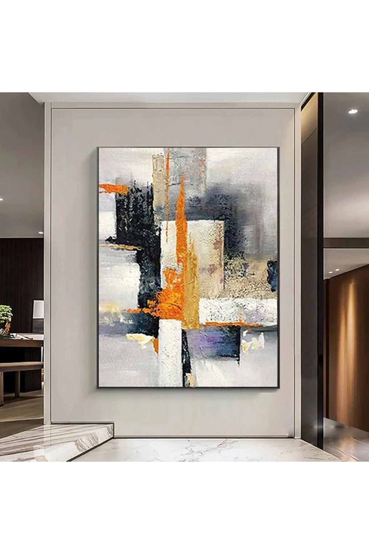 Tekli Siyah Metal Çerçeveli Sarı Mavi Soyut Cam Tablo Seti