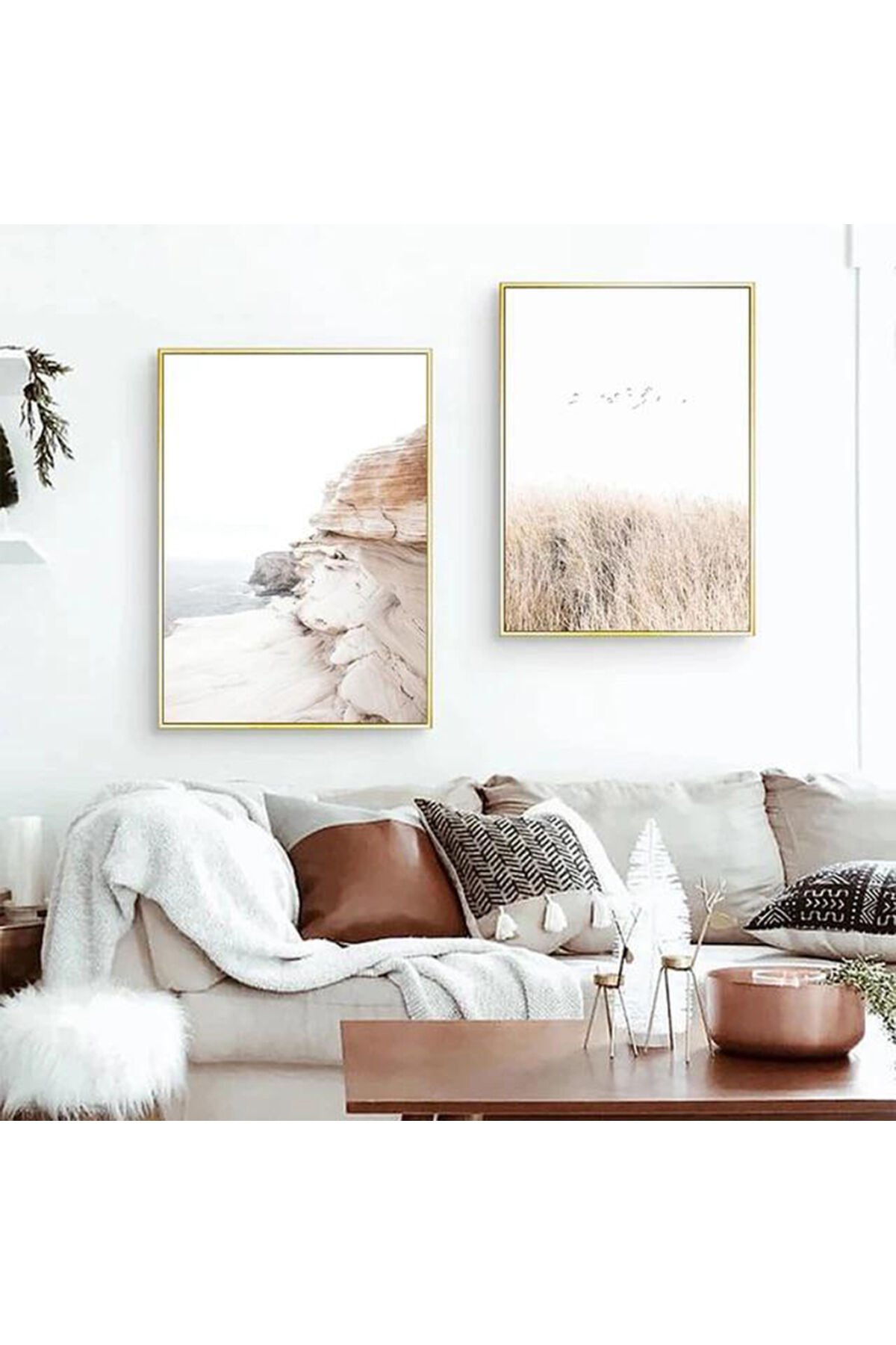 İkili Gold Metal Çerçeveli Soft Doğa Modern Cam Tablo Seti