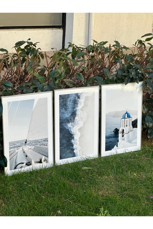 Üçlü Gümüş Alüminyum Metal Çerçeveli Mimari Yel Değirmeni Mavi Camlı Poster Tablo Seti Gümüş - 60 X 90
