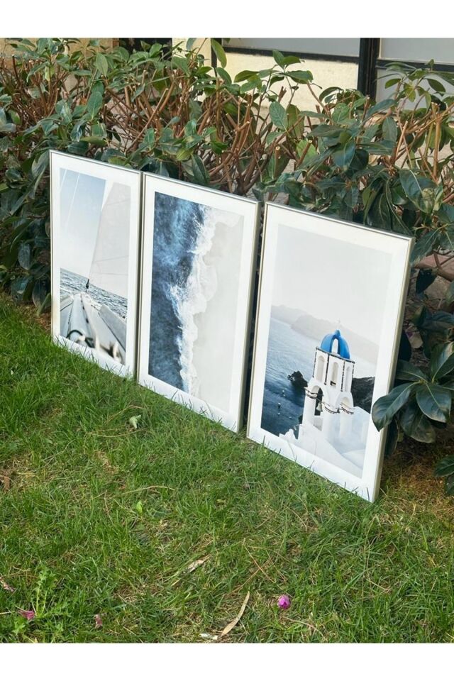 Üçlü Gümüş Alüminyum Metal Çerçeveli Mimari Yel Değirmeni Mavi Camlı Poster Tablo Seti Gümüş - 60 X 90