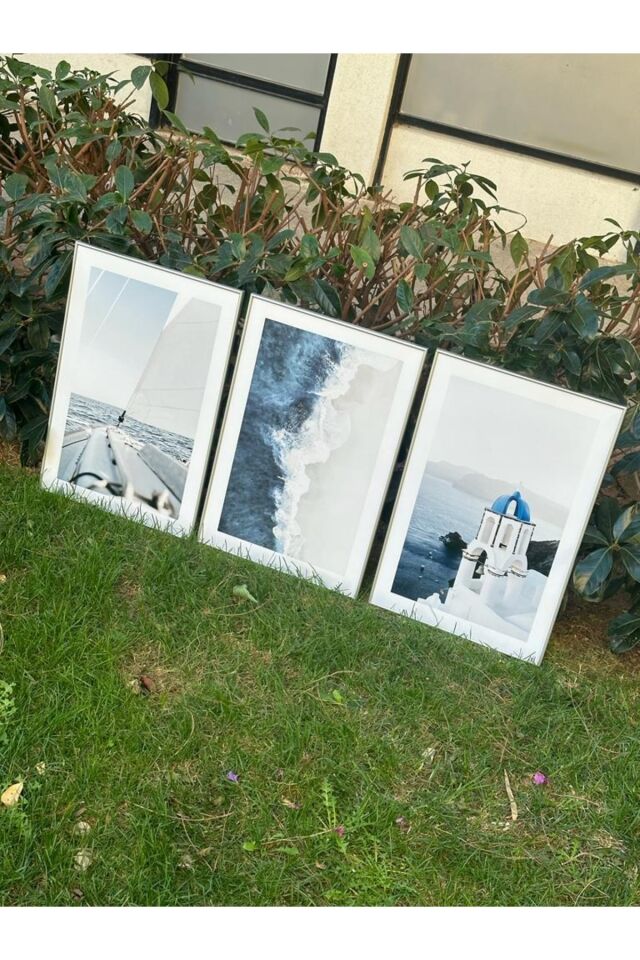Üçlü Gümüş Alüminyum Metal Çerçeveli Mimari Yel Değirmeni Mavi Camlı Poster Tablo Seti Gümüş - 60 X 90