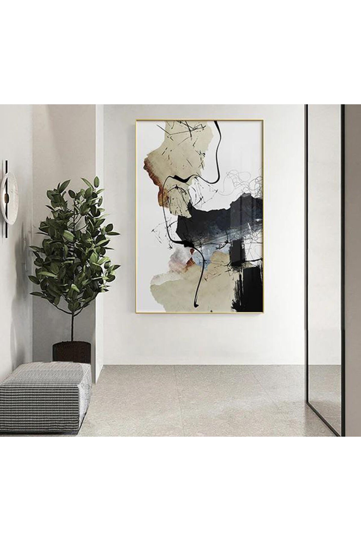 Tekli Gold Metal Çerçeveli Soyut Bohem Cam Tablo Seti