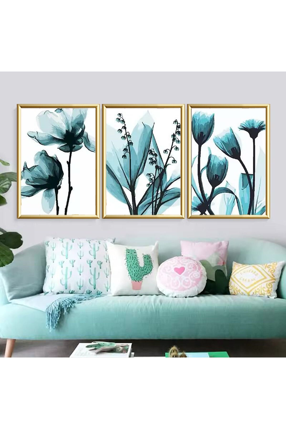 3lü Gold Metal Çerçeve Mavi Çiçek Gerçek Cam Tablo Seti