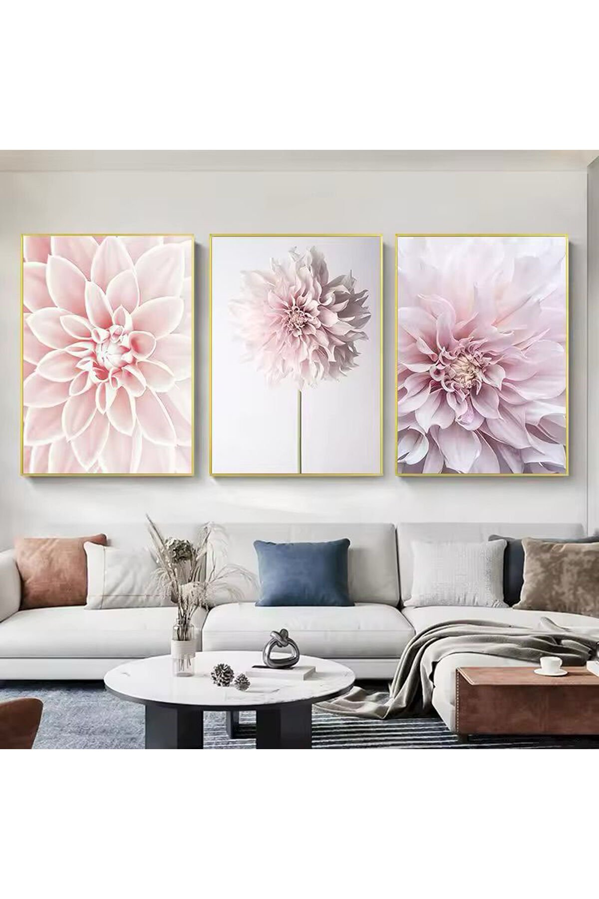 3lü Gold Metal Çerçeve Pembe Çiçek Gerçek Cam Tablo Seti