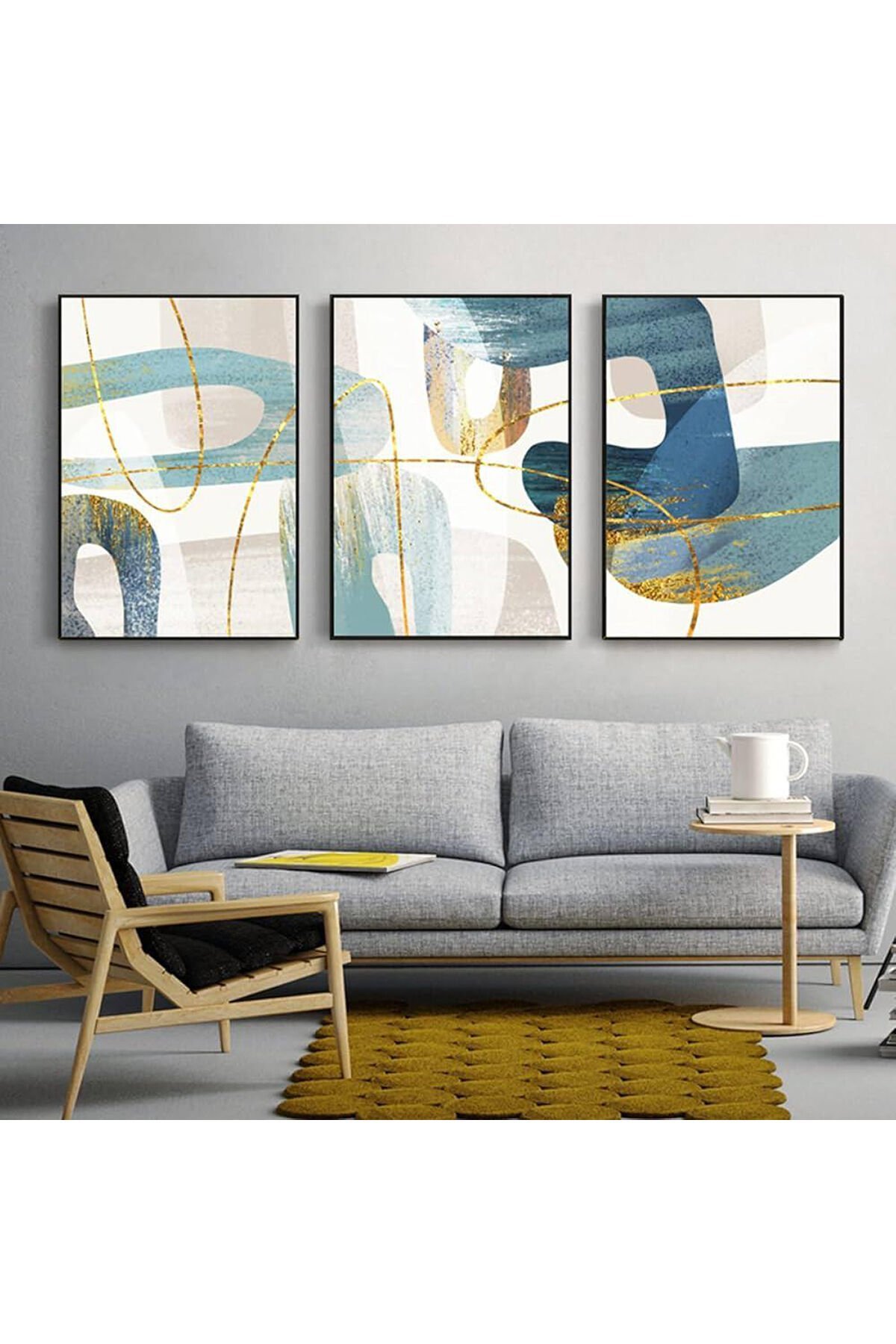 3lü Siyah Metal Çerçeve Soyut Mavi Gerçek Cam Tablo Seti