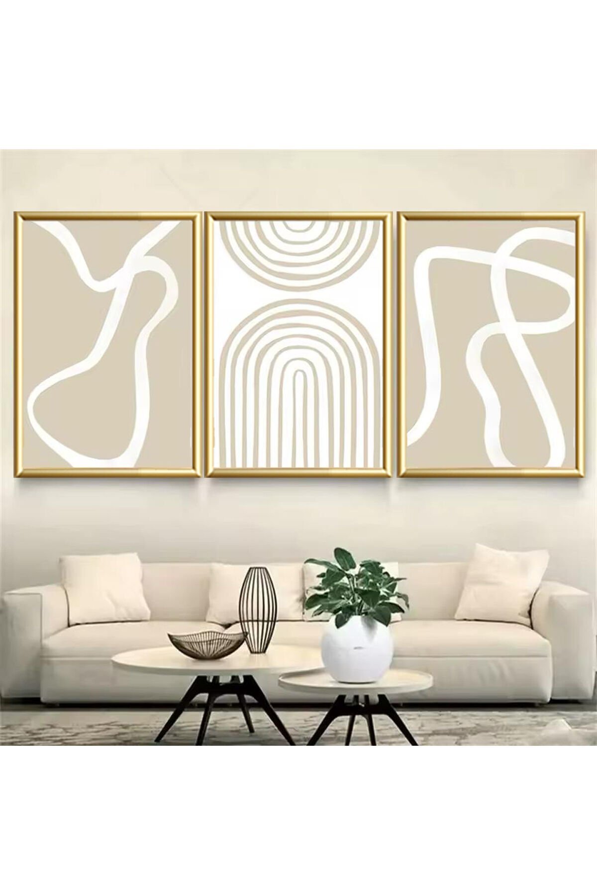 3lü Gold Metal Çerçeve Bej Bohem Gerçek Cam Tablo Seti