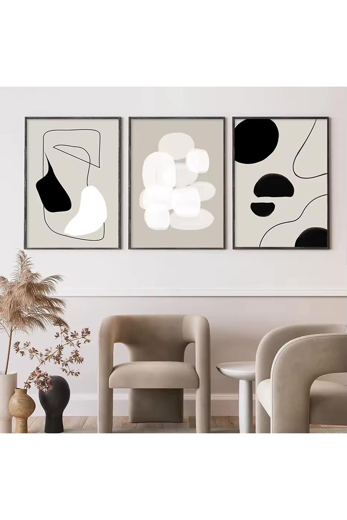3lü Siyah Metal Çerçeve Gri Soyut Gerçek Cam Tablo Seti