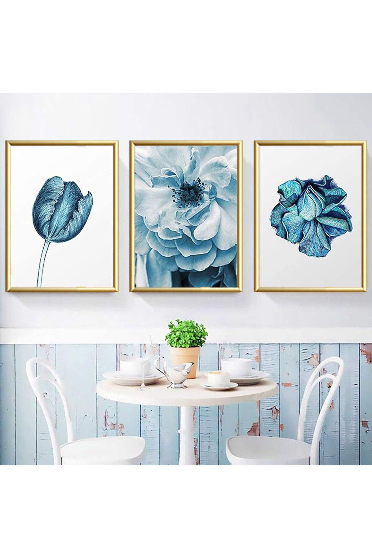 3lü Gold Metal Çerçeve Mavi Çiçek Gerçek Cam Tablo Seti