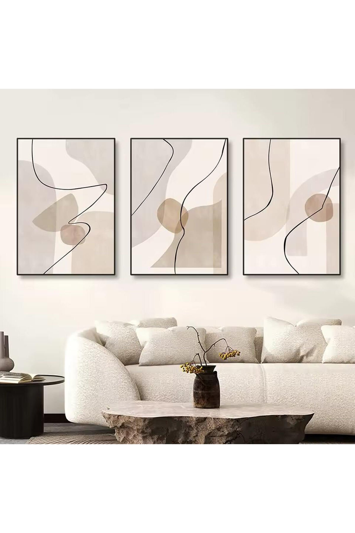 3lü Siyah Metal Çerçeve Bej Soyut Gerçek Cam Tablo Seti