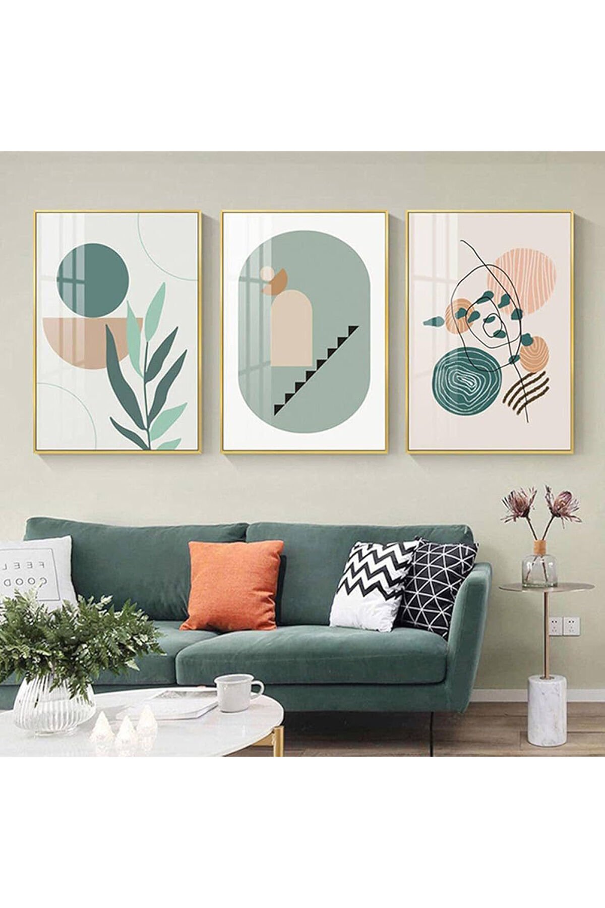 3lü Gold Metal Çerçeve Yeşil Bohem Gerçek Cam Tablo Seti