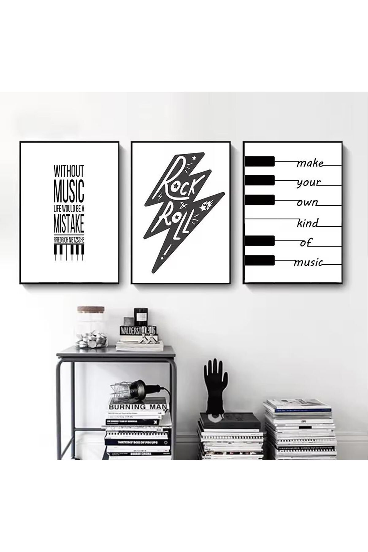 3lü Siyah Metal Çerçeve Müzik Rock Gerçek Cam Tablo Seti