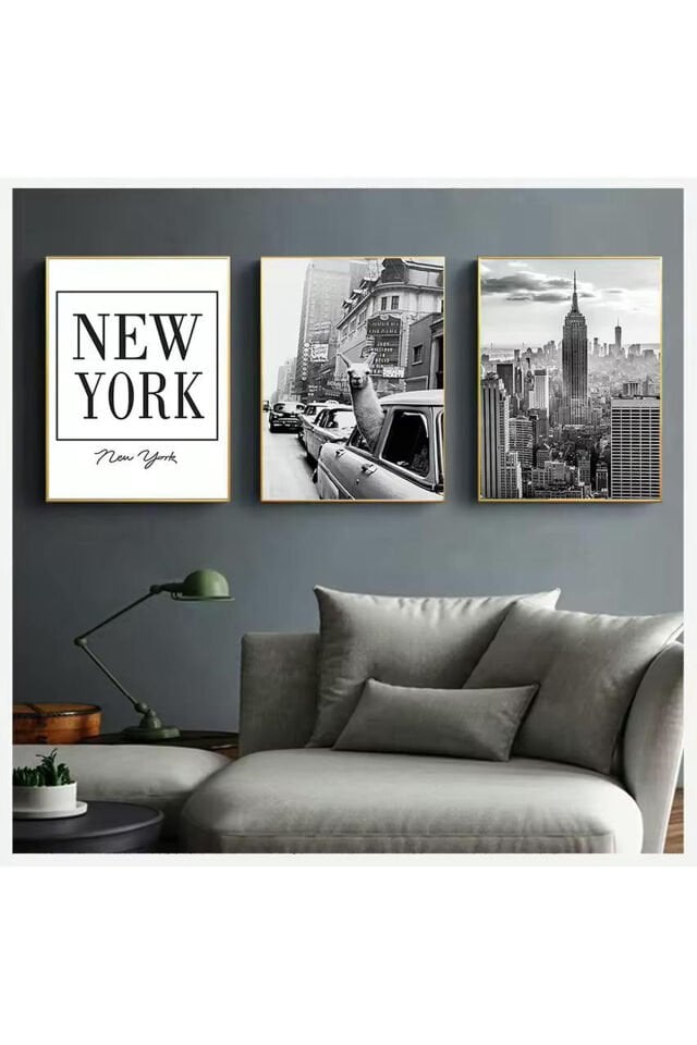 3lü Gold Metal Çerçeve Şehir Amerika Gerçek Cam Tablo Seti