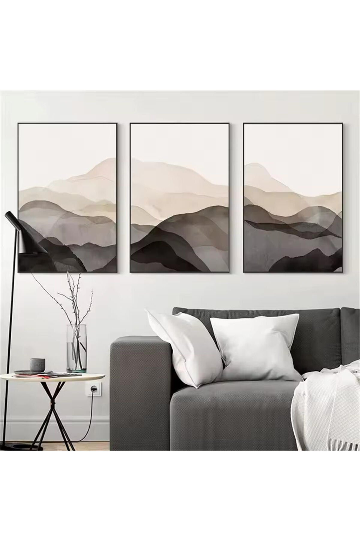 3lü Siyah Metal Çerçeve Gri Beyaz Gerçek Cam Tablo Seti