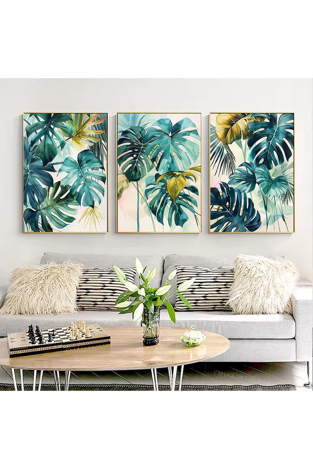 3lü Gold Metal Çerçeve Yeşil Yaprak Gerçek Camlı Tablo Seti