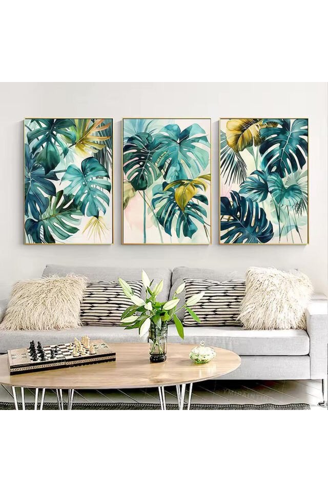 3lü Gold Metal Çerçeve Yeşil Yaprak Gerçek Camlı Tablo Seti