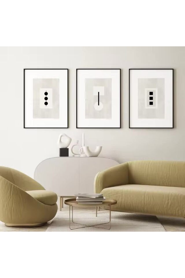 3lü Siyah Metal Çerçeve Geometrik Gri Gerçek Cam Tablo Seti