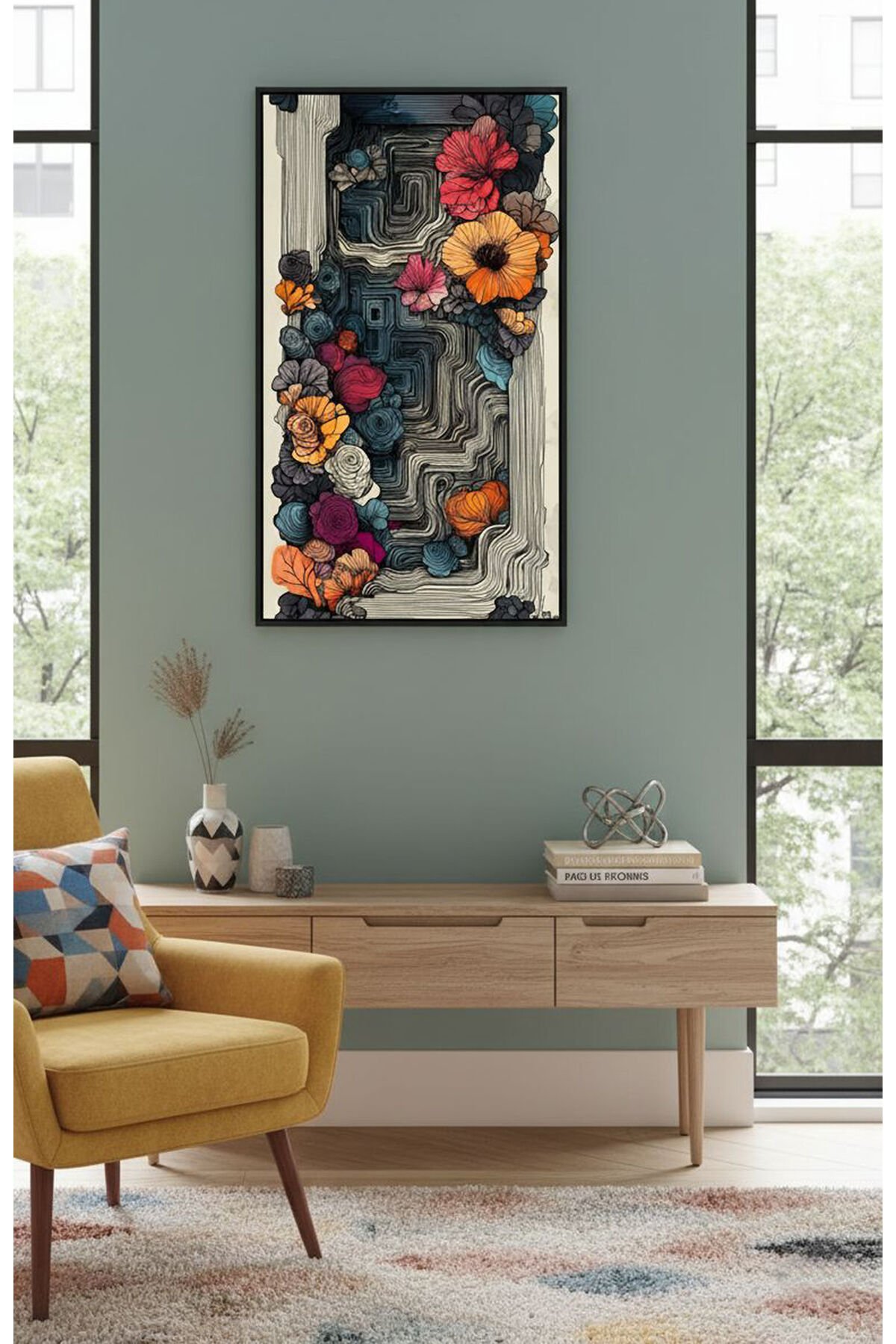 Tekli Siyah Metal Çerçeve Renkli Çiçekler Camlı Tablo Seti Siyah - 40 X 60