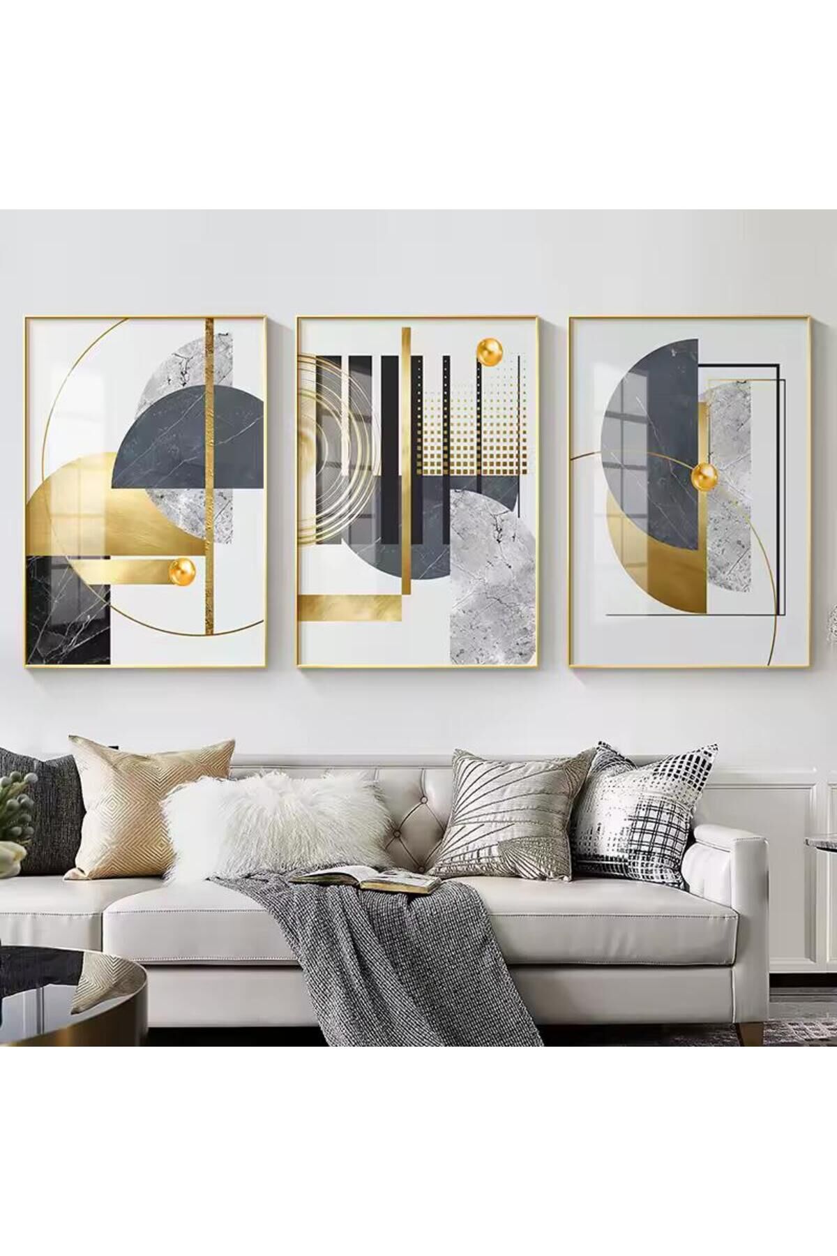 3lü Gold Metal Çerçeve Soyut Gri Gerçek Camlı Tablo Seti