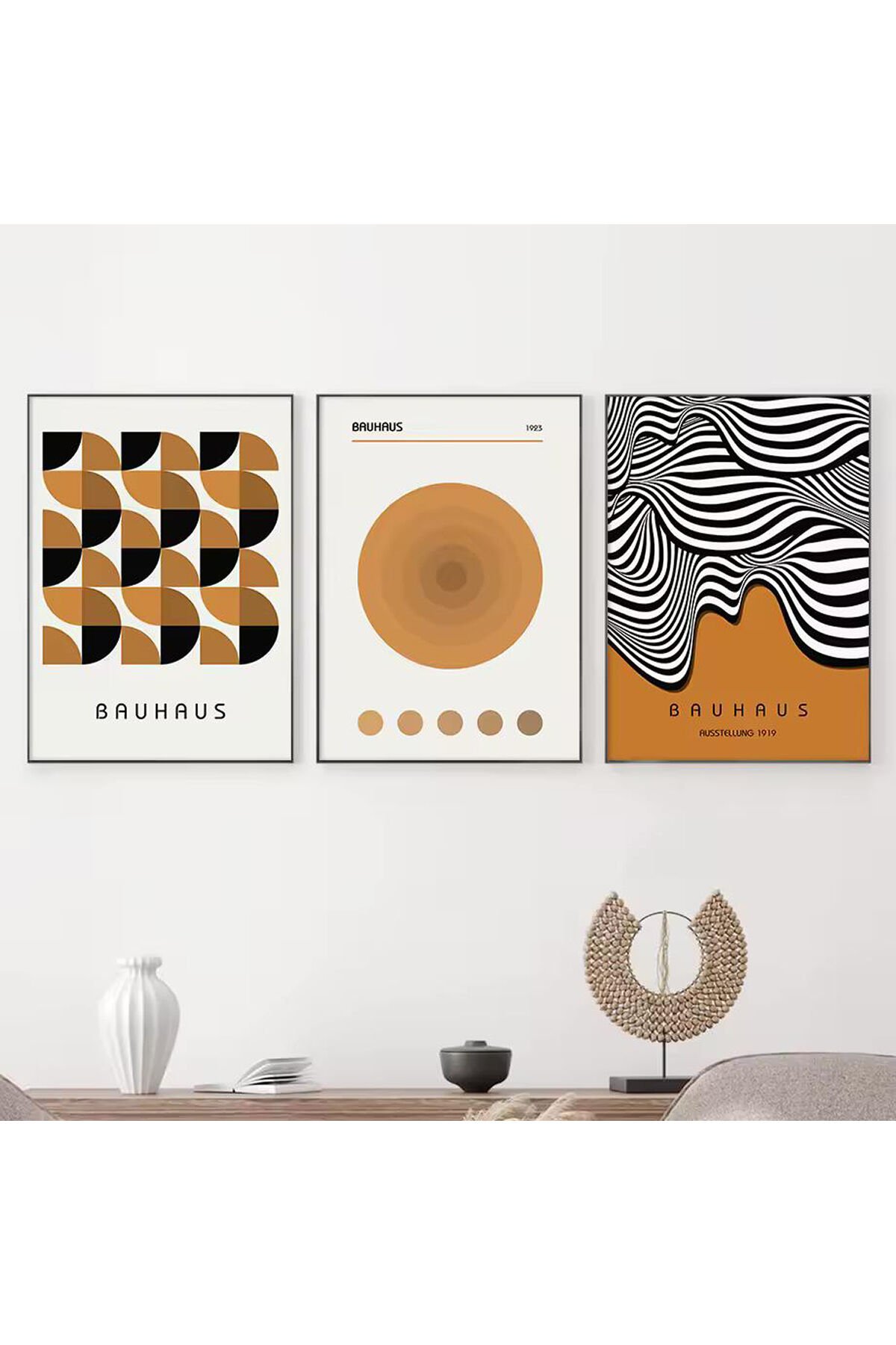 3lü Siyah Metal Çerçeve Turuncu Bauhaus Gerçek Cam Tablo Seti