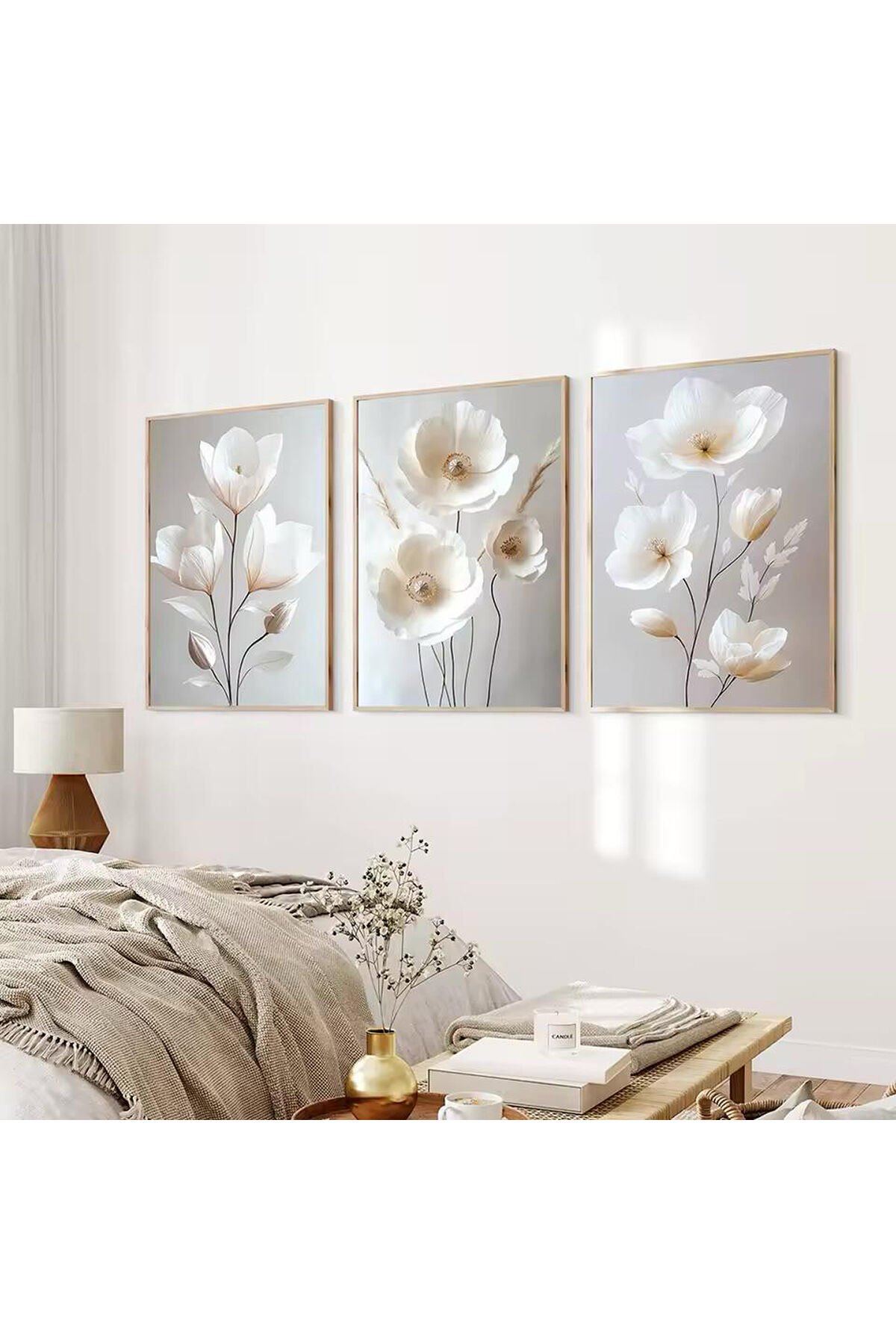 3lü Gold Metal Çerçeve Gri Çiçek Gerçek Camlı Tablo Seti