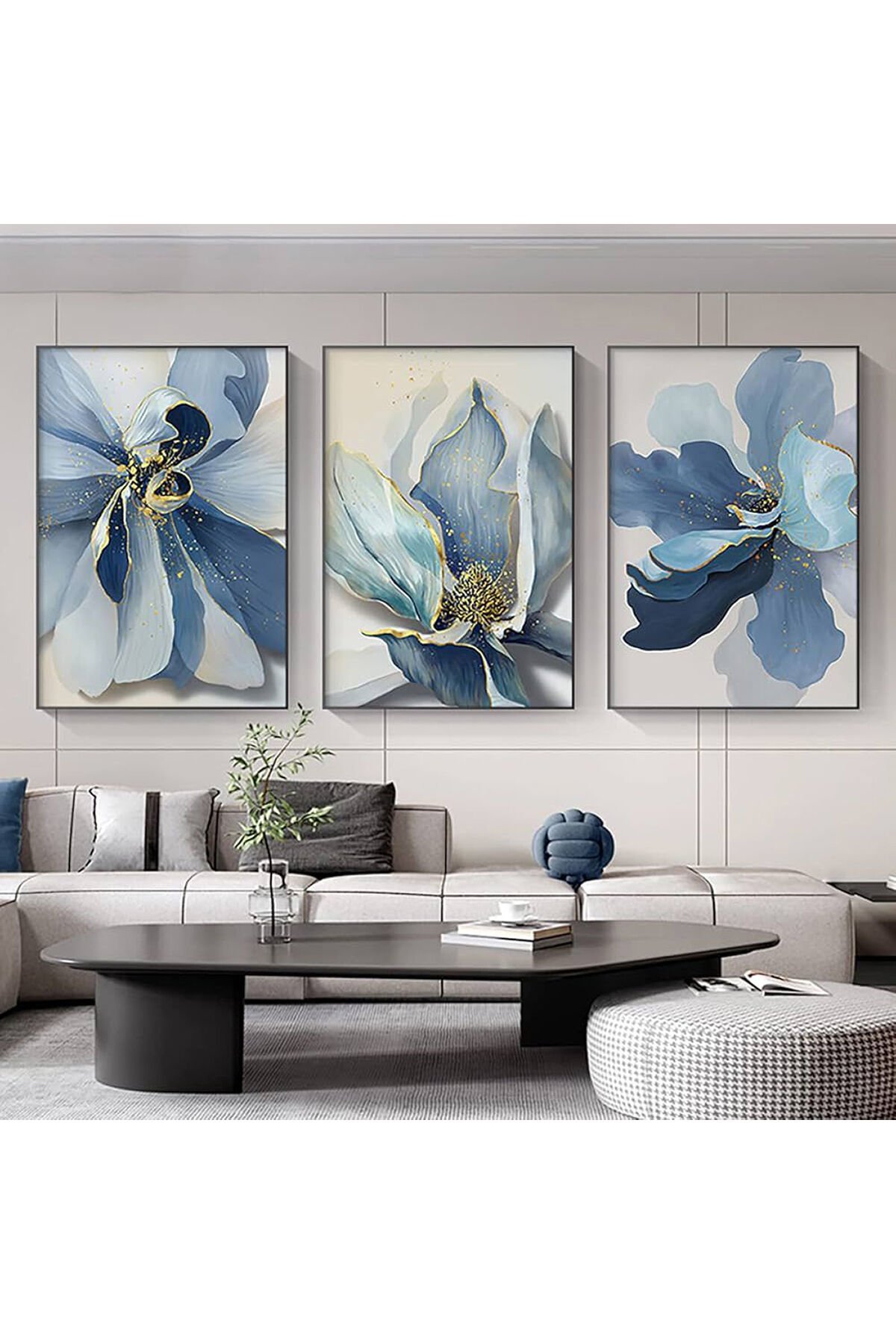 3lü Siyah Metal Çerçeve Mavi Çiçekler Gerçek Cam Tablo Seti