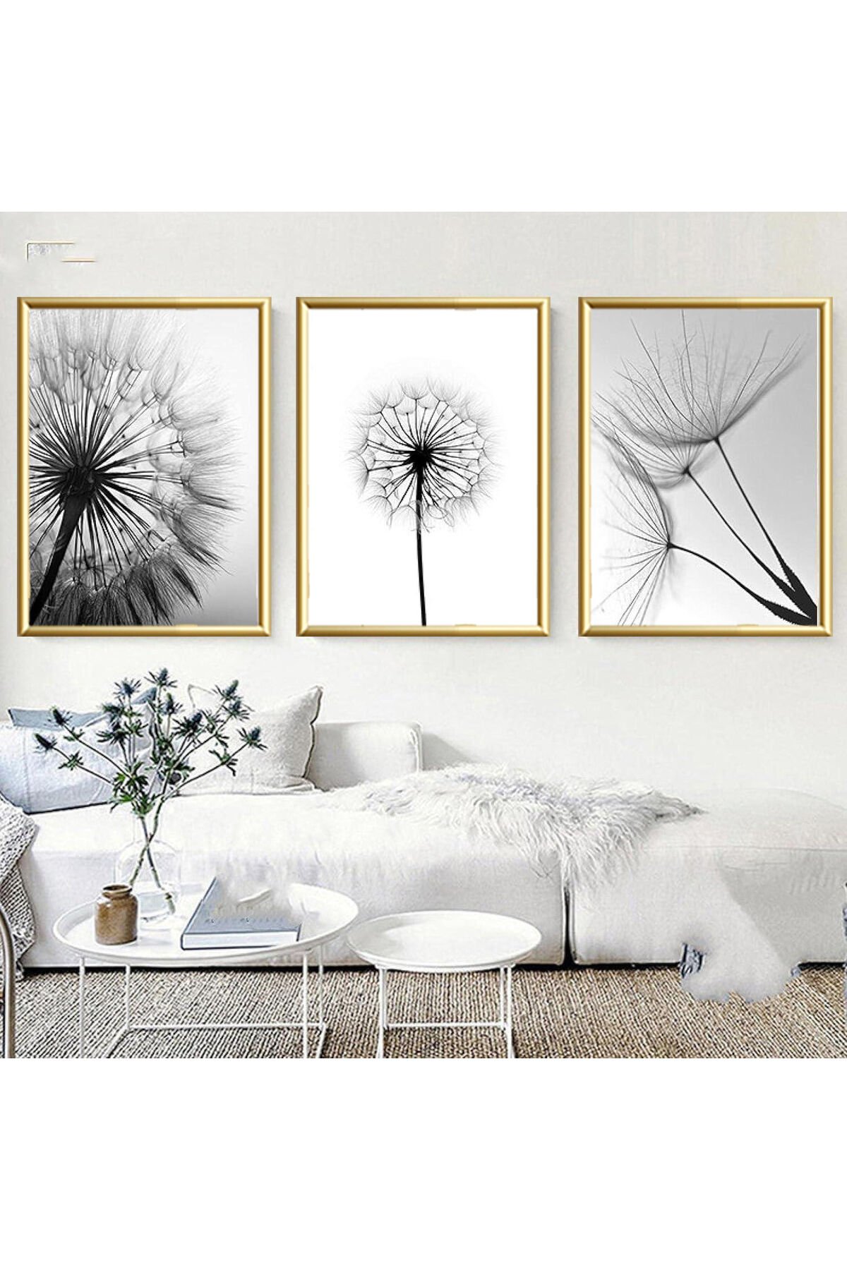 3lü Gold Metal Çerçeve Karahindiba Gerçek Camlı Tablo Seti