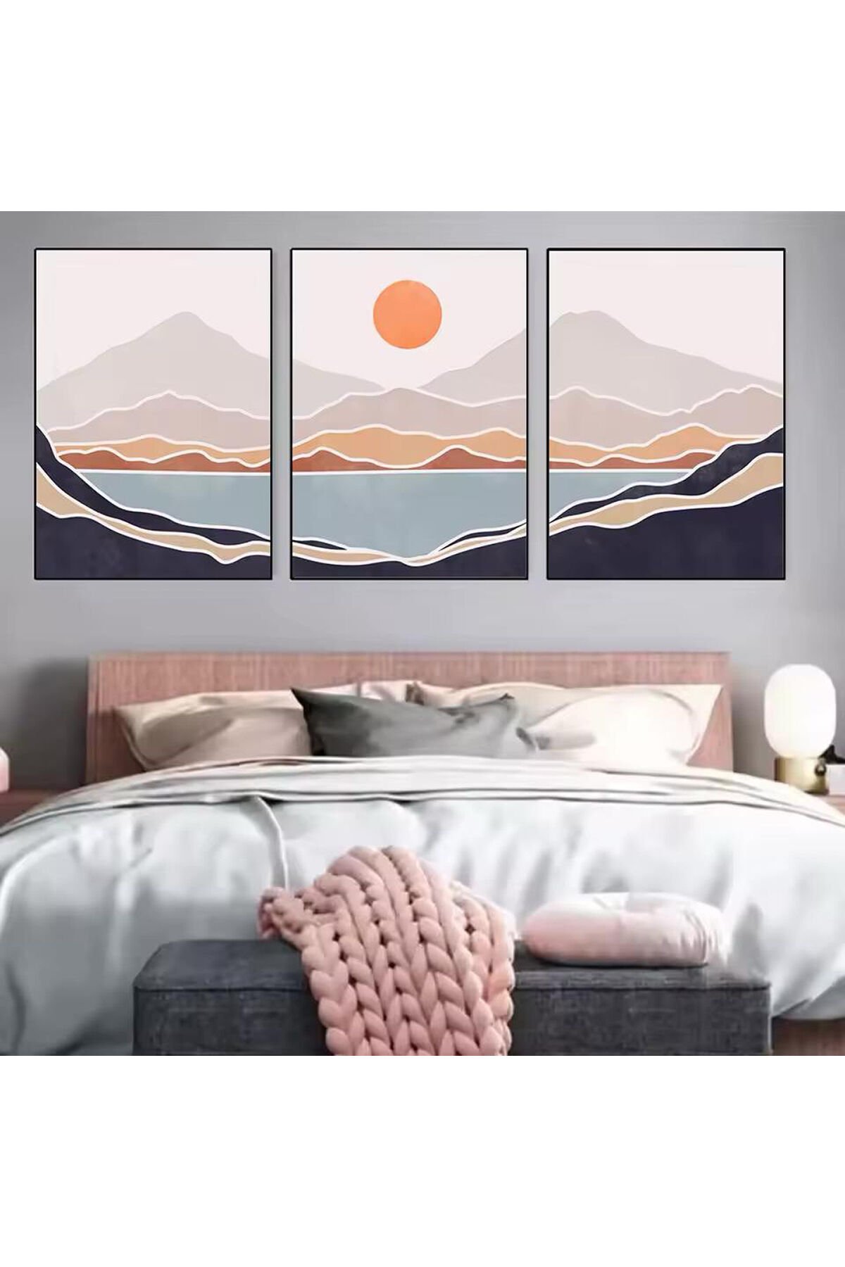 3lü Siyah Metal Çerçeve Pastel Doğa Güneş Cam Tablo Seti