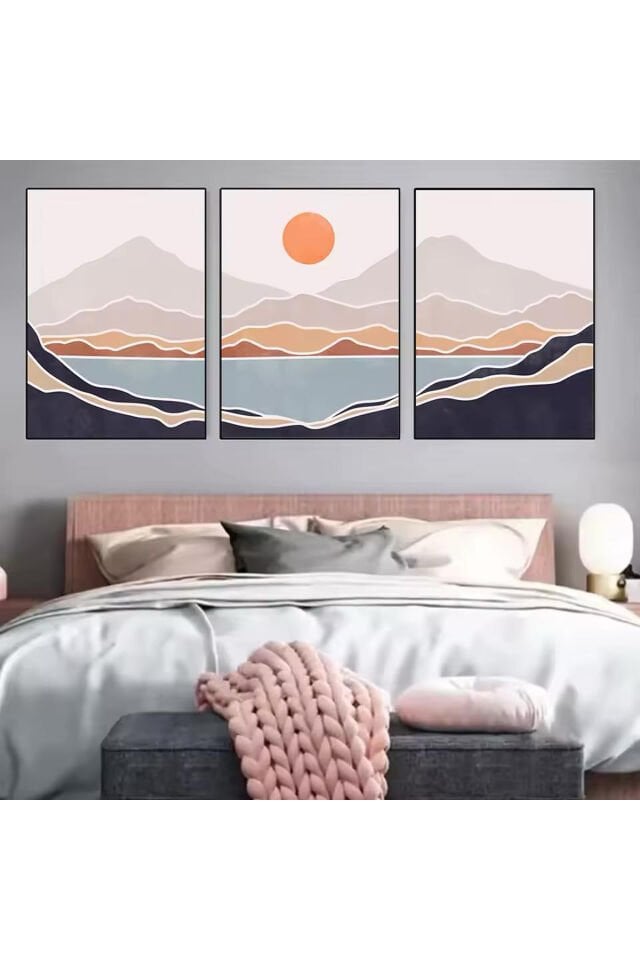 3lü Siyah Metal Çerçeve Pastel Doğa Güneş Cam Tablo Seti