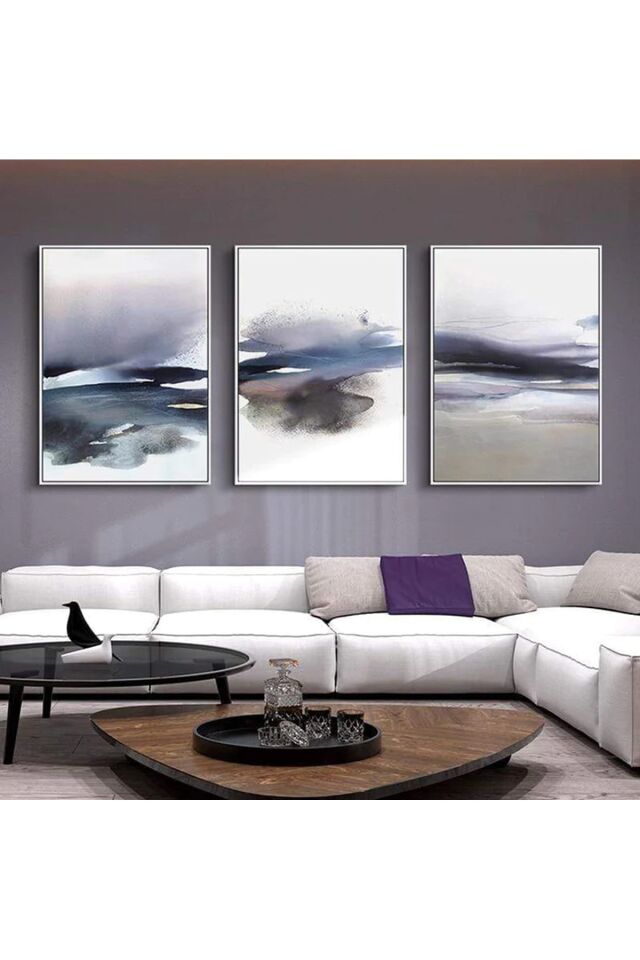 Üçlü Gümüş Alüminyum Metal Çerçeveli Soyut Lacivert Camlı Poster Tablo Seti Gümüş - 30 X 40