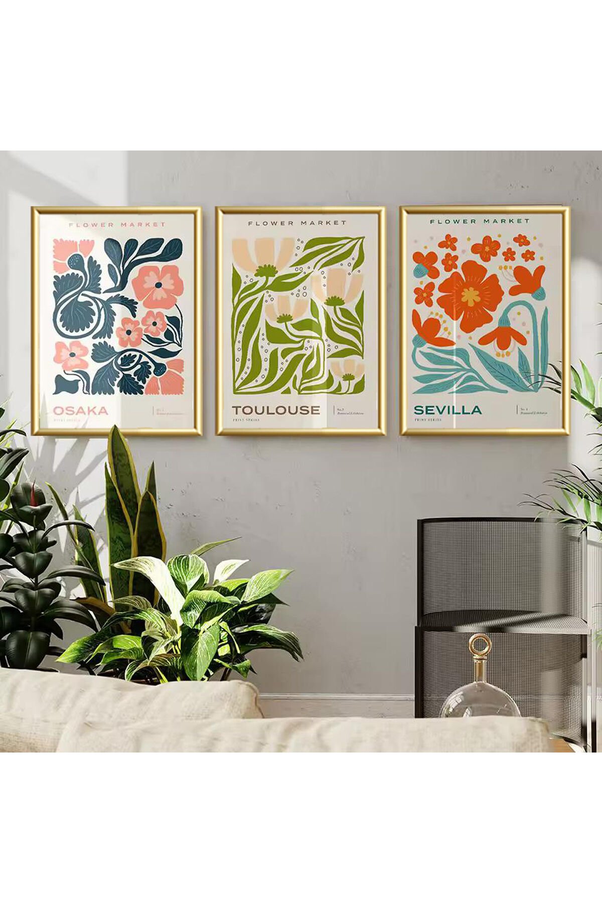 3lü Gold Metal Çerçeve Osaka Sevilla Gerçek Camlı Tablo Seti