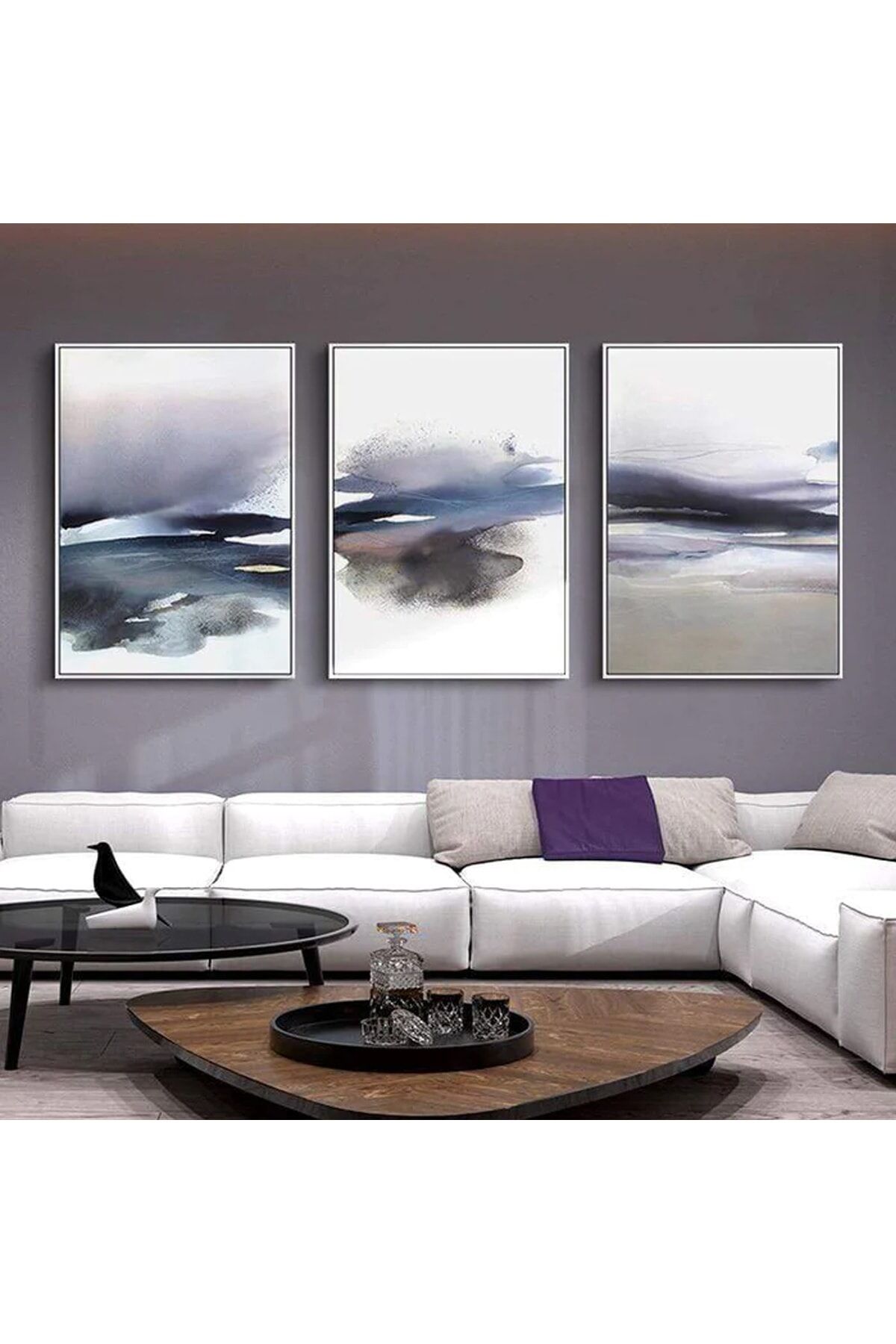 Üçlü Gümüş Alüminyum Metal Çerçeveli Soyut Lacivert Camlı Poster Tablo Seti Gümüş - 60 X 90