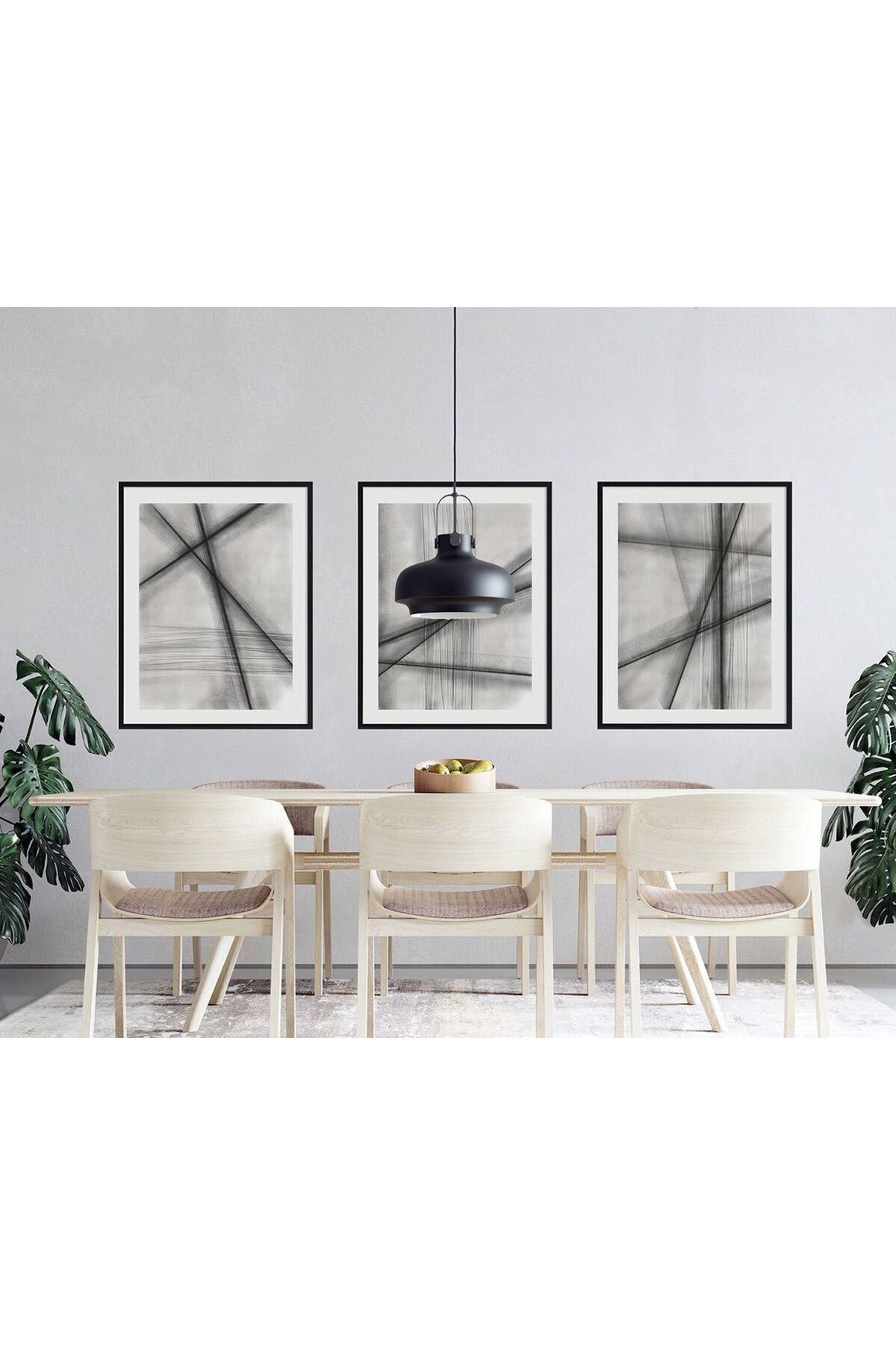 3lü Siyah Metal Çerçeve Gri Soyut Gerçek Cam Tablo Seti