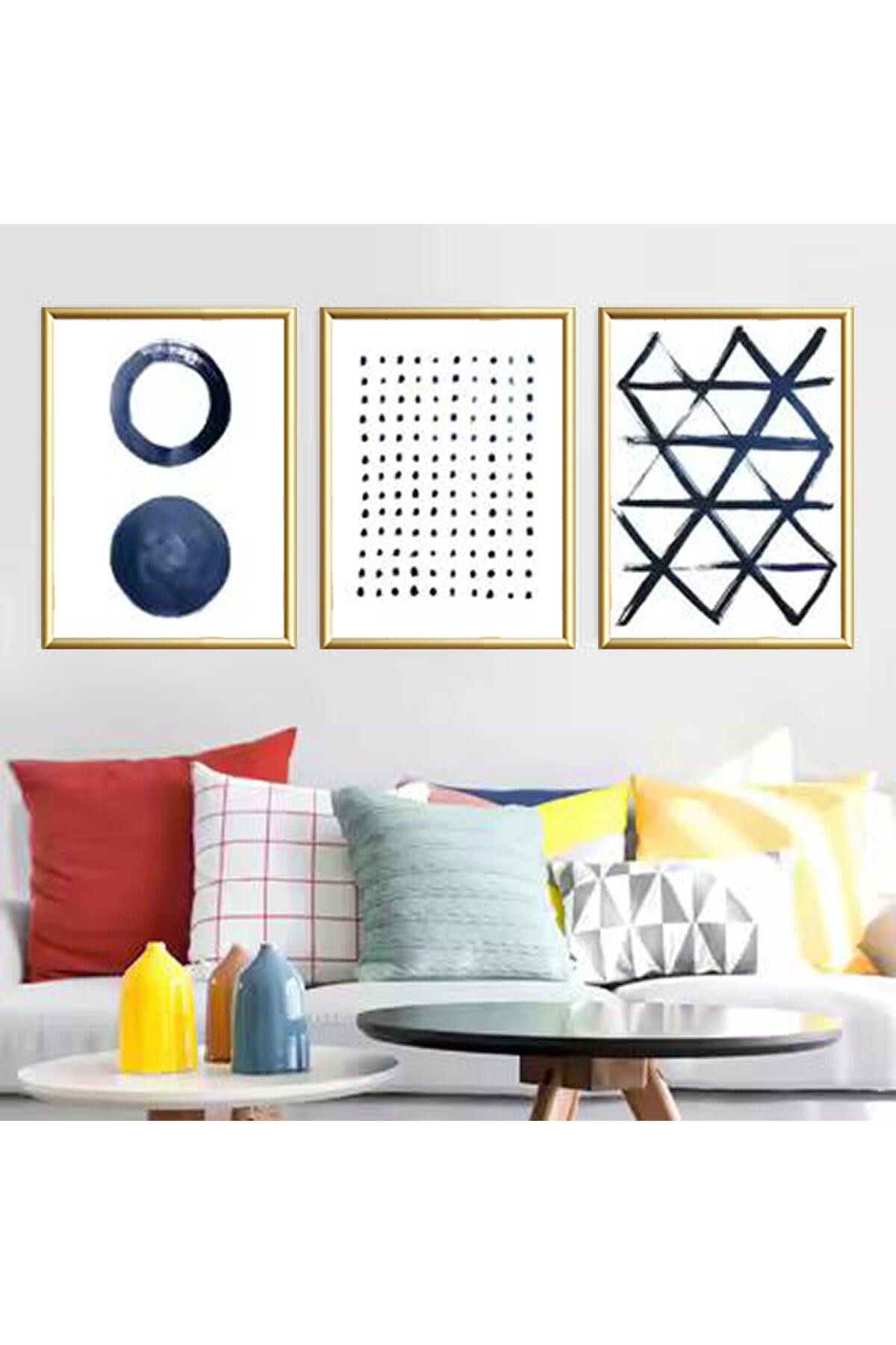 3lü Gold Metal Çerçeve Soyut Gri Gerçek Camlı Tablo Seti