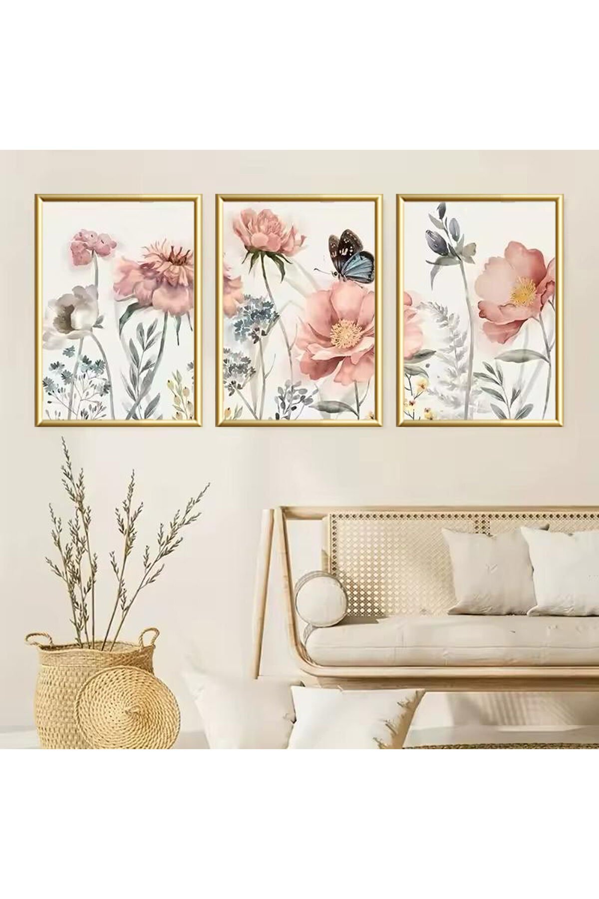 3lü Gold Metal Çerçeve Pembe Çiçek Gerçek Camlı Tablo Seti