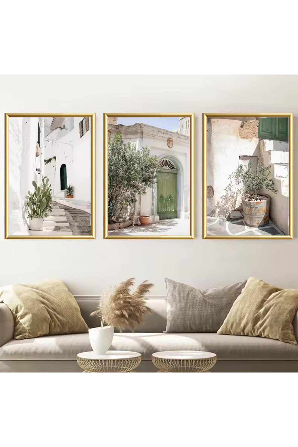 3lü Gold Metal Çerçeve Akdeniz Ege Gerçek Camlı Tablo Seti