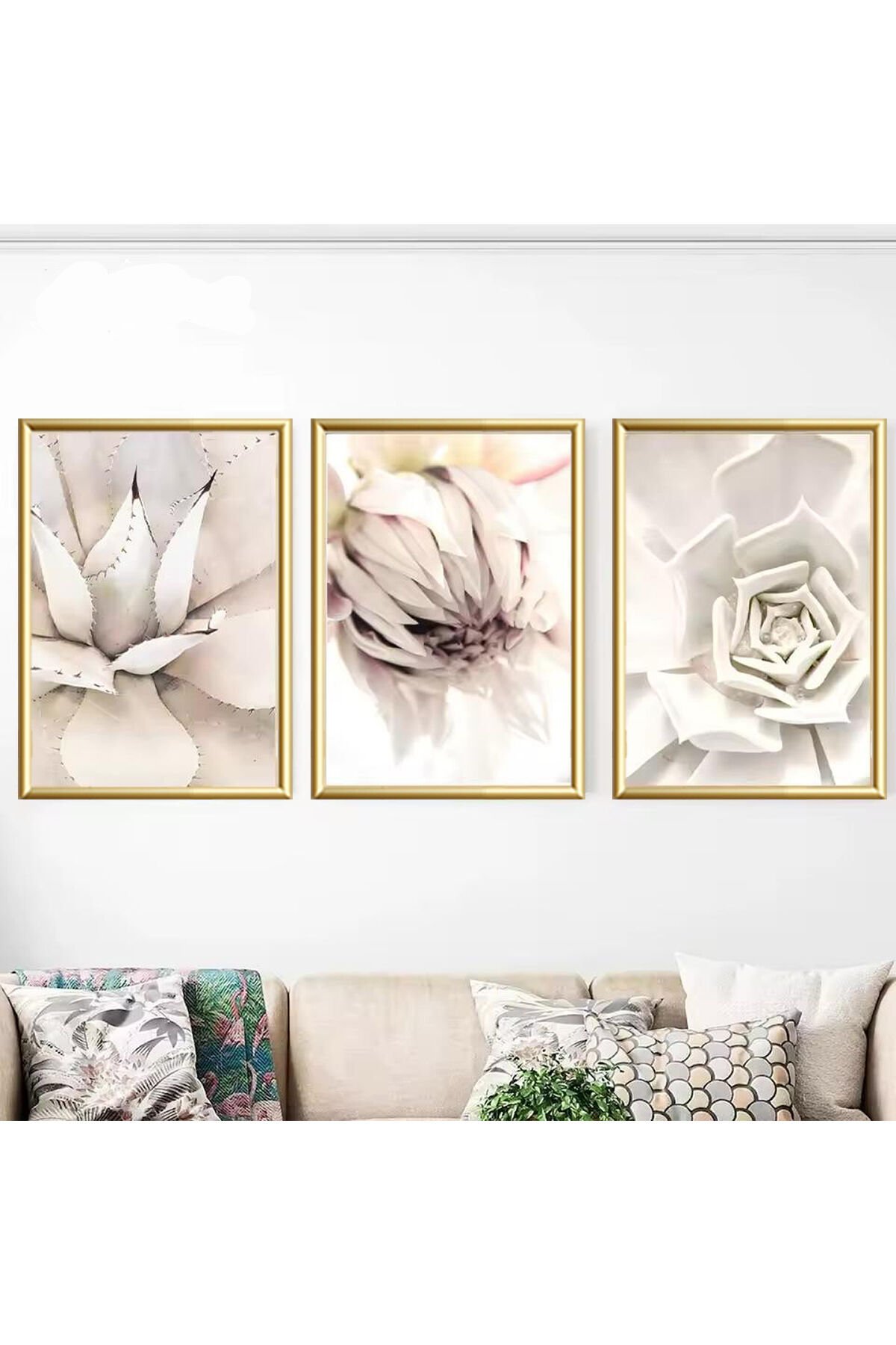 3lü Gold Metal Çerçeve Soft Çiçek Gerçek Camlı Tablo Seti