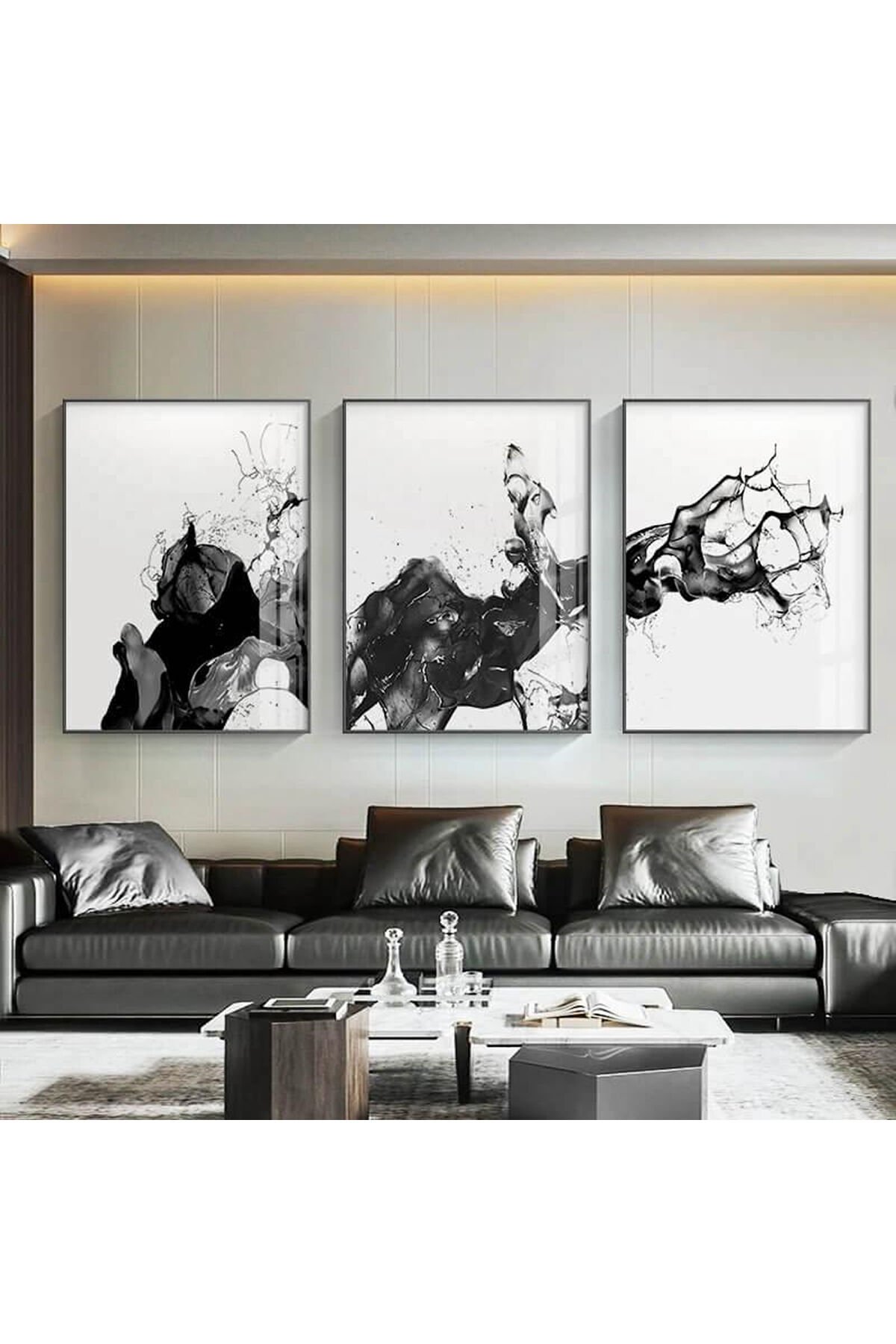 3lü Siyah Metal Çerçeve Modern Sanat Gerçek Cam Tablo Seti