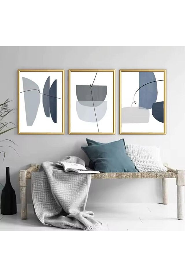 3lü Gold Metal Çerçeve Gri Soyut Gerçek Camlı Tablo Seti