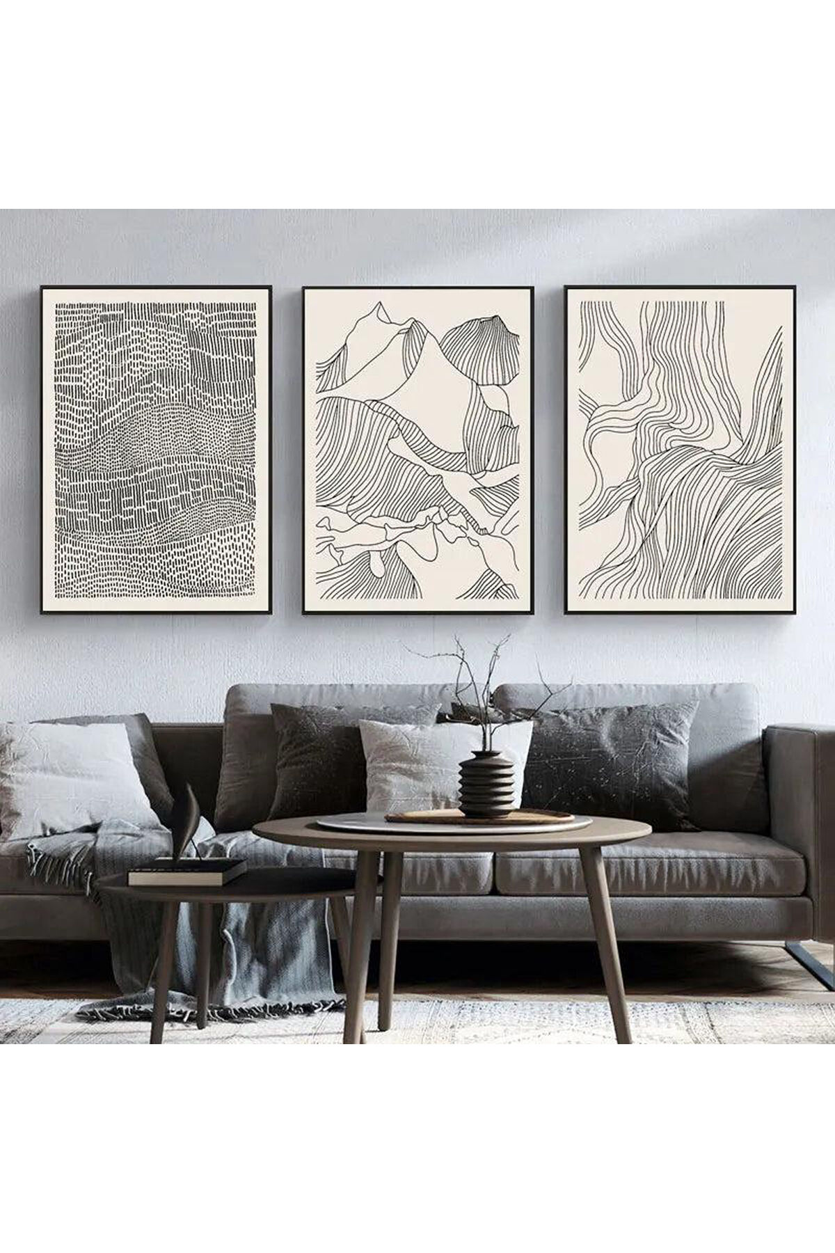 3lü Siyah Metal Çerçeve Çizgi Soyut Gerçek Cam Tablo Seti