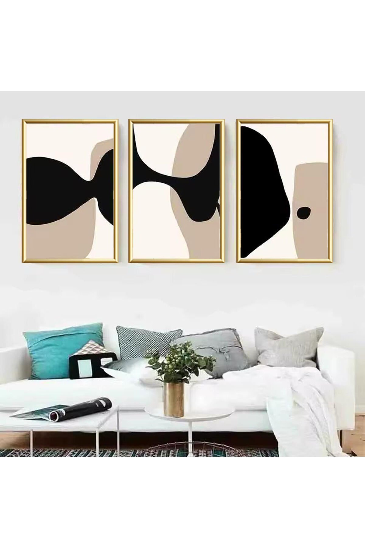 3lü Gold Metal Çerçeve Krem Bej Gerçek Camlı Tablo Seti